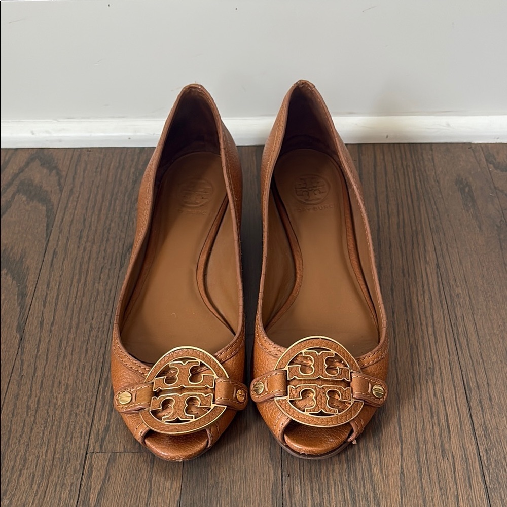 Tory Burch Tan Peep-Toe Flats with Gold Logo